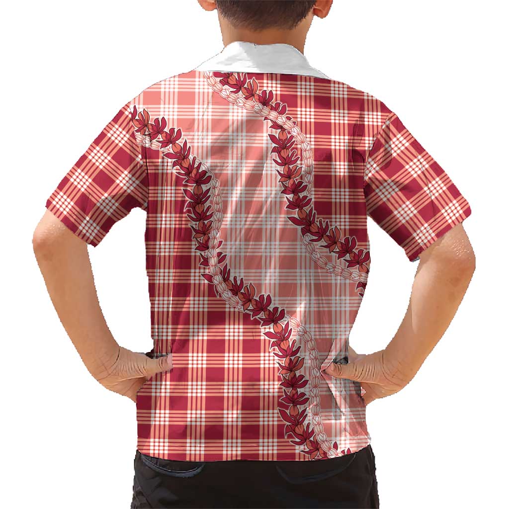 Red Hawaii Palaka Family Matching Off Shoulder Short Dress and Hawaiian Shirt Hawaiian Pikake Lei