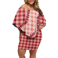 Red Hawaii Palaka Family Matching Off Shoulder Short Dress and Hawaiian Shirt Hawaiian Pikake Lei