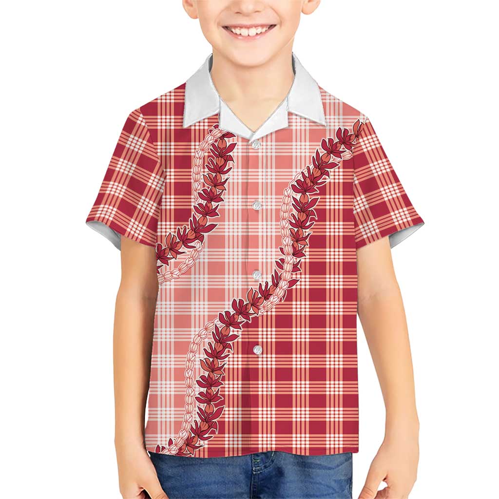 Red Hawaii Palaka Family Matching Off Shoulder Short Dress and Hawaiian Shirt Hawaiian Pikake Lei