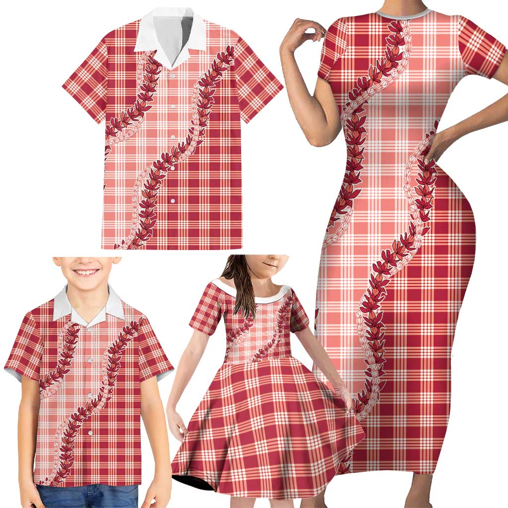 Red Hawaii Palaka Family Matching Short Sleeve Bodycon Dress and Hawaiian Shirt Hawaiian Pikake Lei LT05 - Polynesian Pride