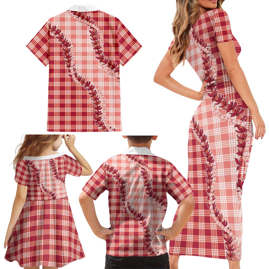 Red Hawaii Palaka Family Matching Short Sleeve Bodycon Dress and Hawaiian Shirt Hawaiian Pikake Lei
