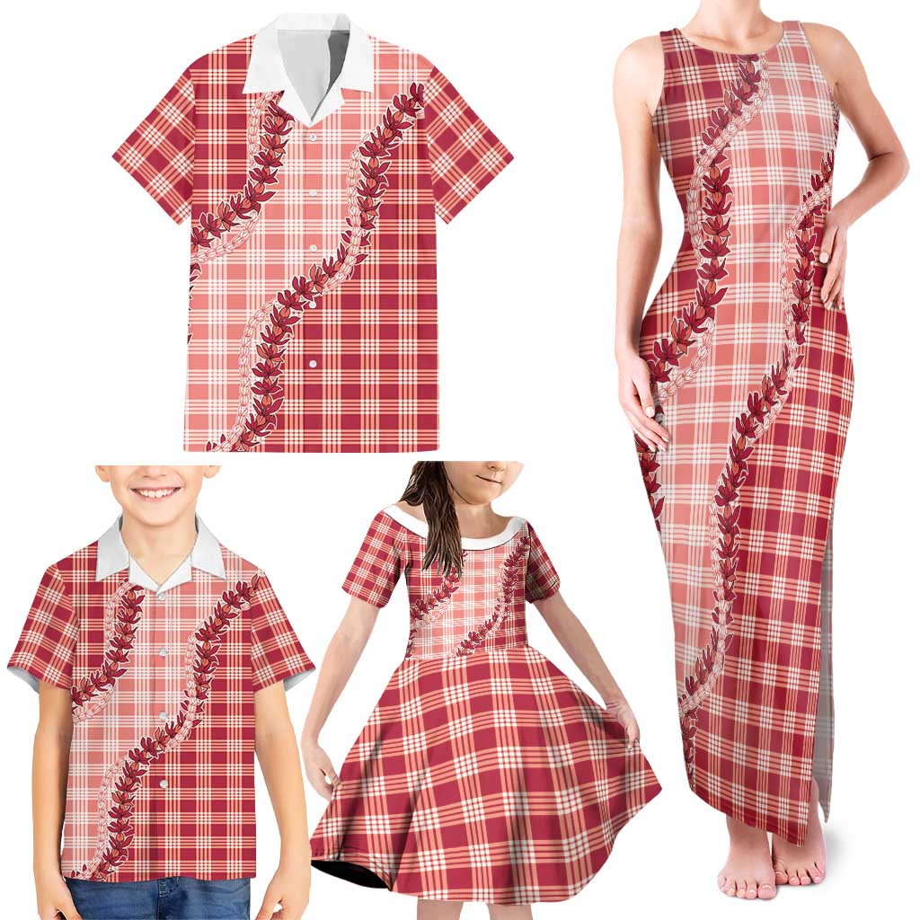 Red Hawaii Palaka Family Matching Tank Maxi Dress and Hawaiian Shirt Hawaiian Pikake Lei
