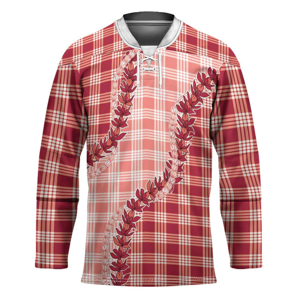 Red Hawaii Palaka Hockey Jersey Hawaiian Pikake Lei LT05 Unisex Red - Polynesian Pride