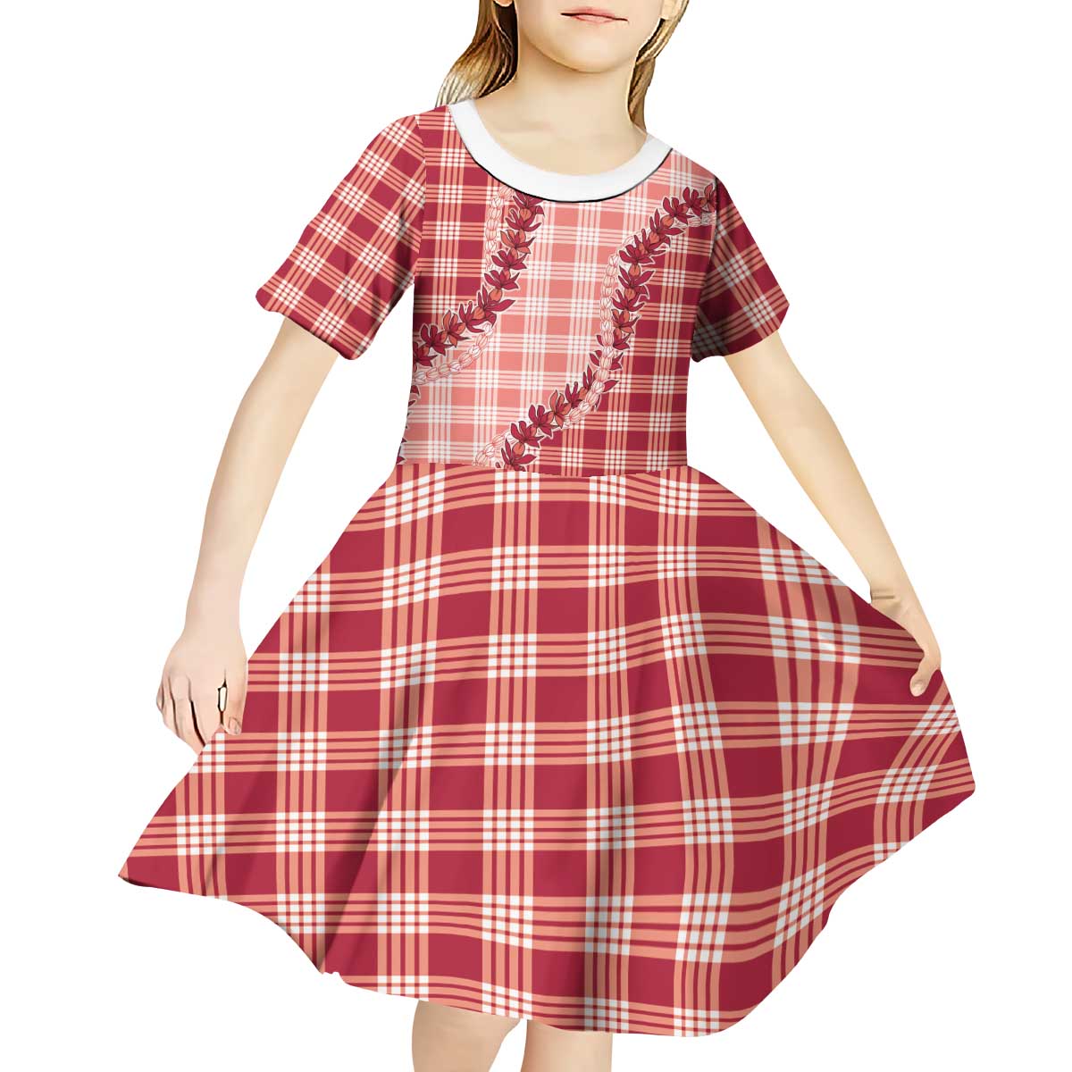 Red Hawaii Palaka Kid Short Sleeve Dress Hawaiian Pikake Lei LT05 - Polynesian Pride