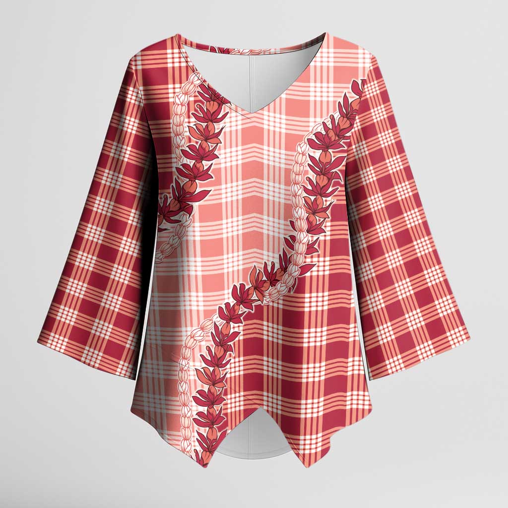 Red Hawaii Palaka Kimono Sleeve Blouse Hawaiian Pikake Lei