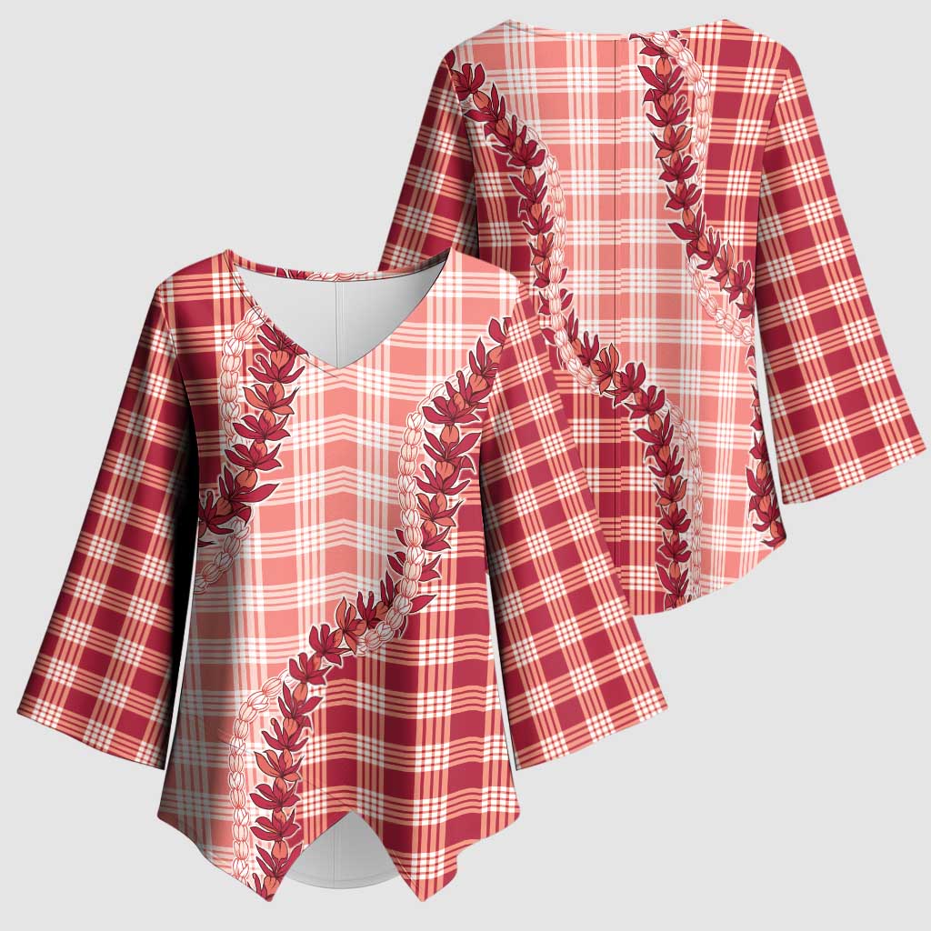 Red Hawaii Palaka Kimono Sleeve Blouse Hawaiian Pikake Lei LT05 - Polynesian Pride