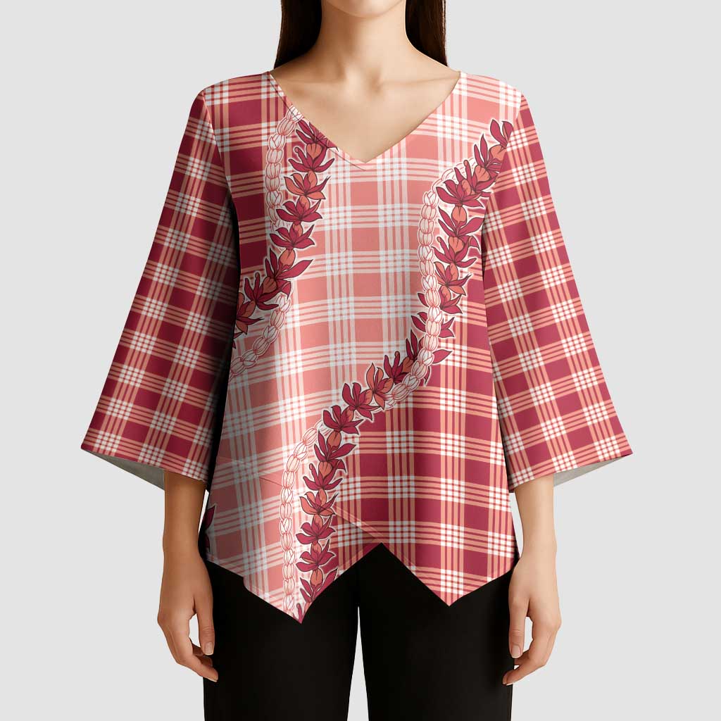 Red Hawaii Palaka Kimono Sleeve Blouse Hawaiian Pikake Lei LT05 - Polynesian Pride