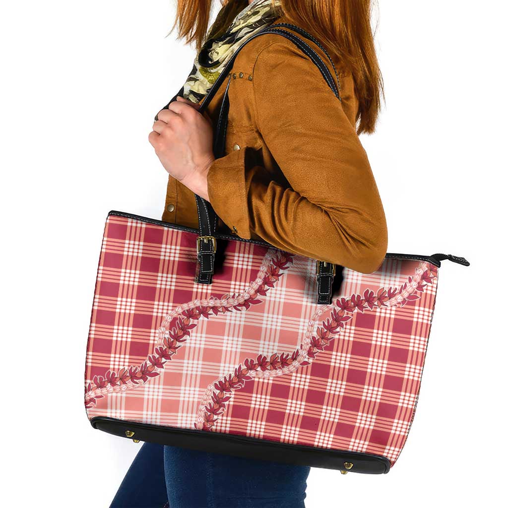 Red Hawaii Palaka Leather Tote Bag Hawaiian Pikake Lei
