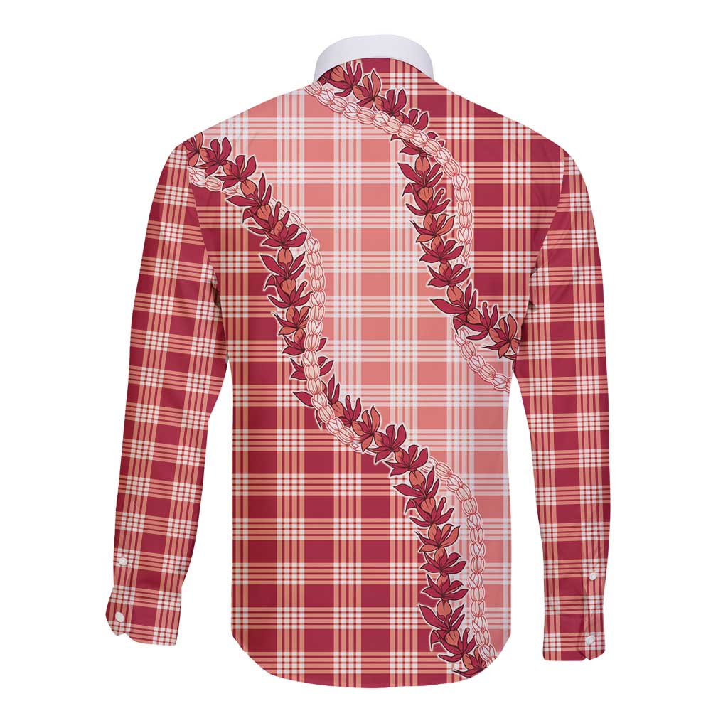 Red Hawaii Palaka Long Sleeve Button Shirt Hawaiian Pikake Lei LT05 - Polynesian Pride