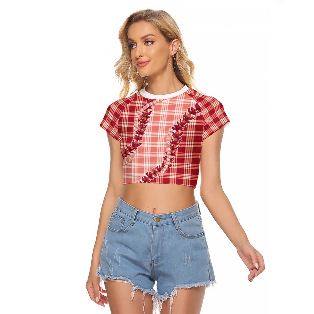 Red Hawaii Palaka Raglan Cropped T Shirt Hawaiian Pikake Lei LT05 Female Red - Polynesian Pride