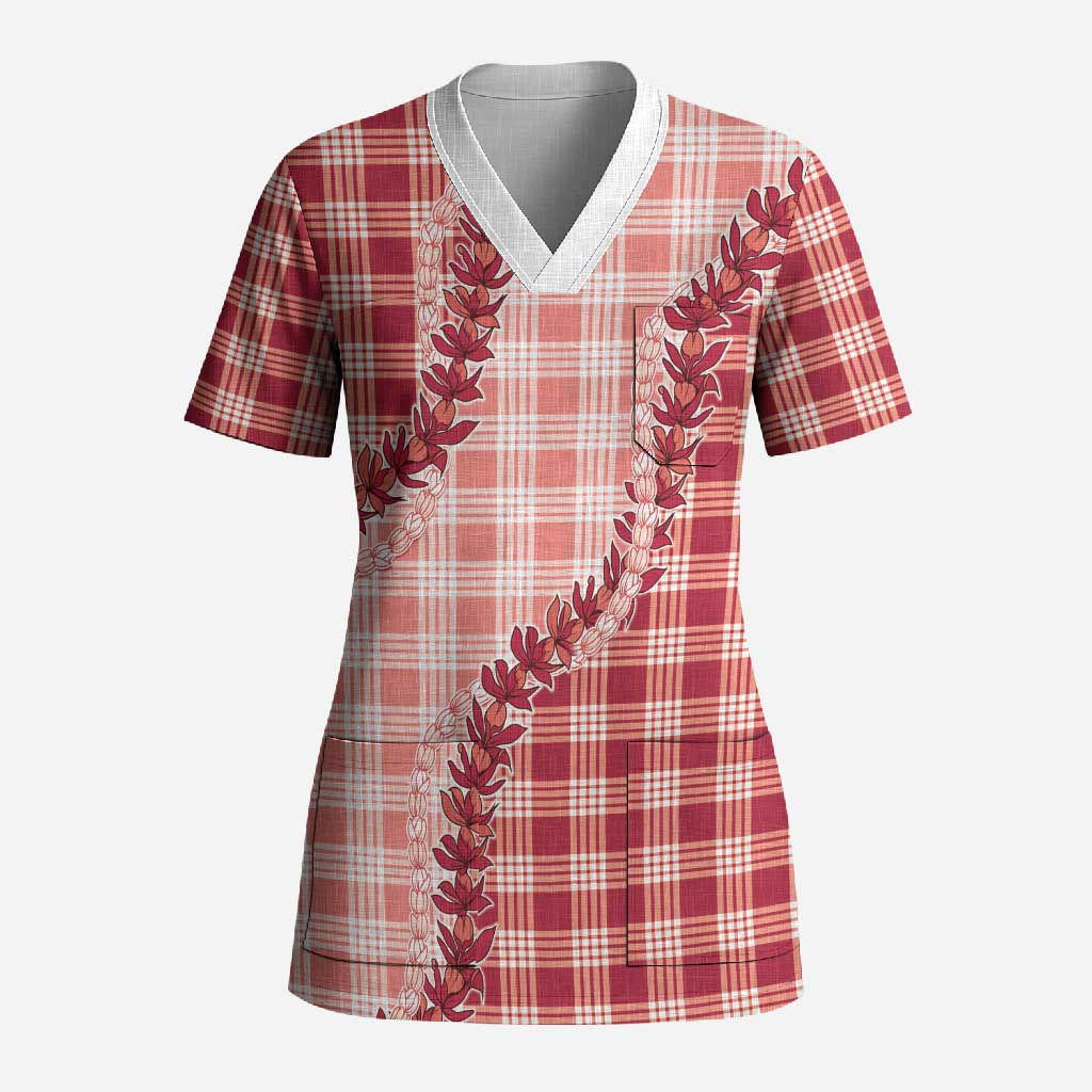 Red Hawaii Palaka Scrub Top Hawaiian Pikake Lei LT05 Adult Red - Polynesian Pride