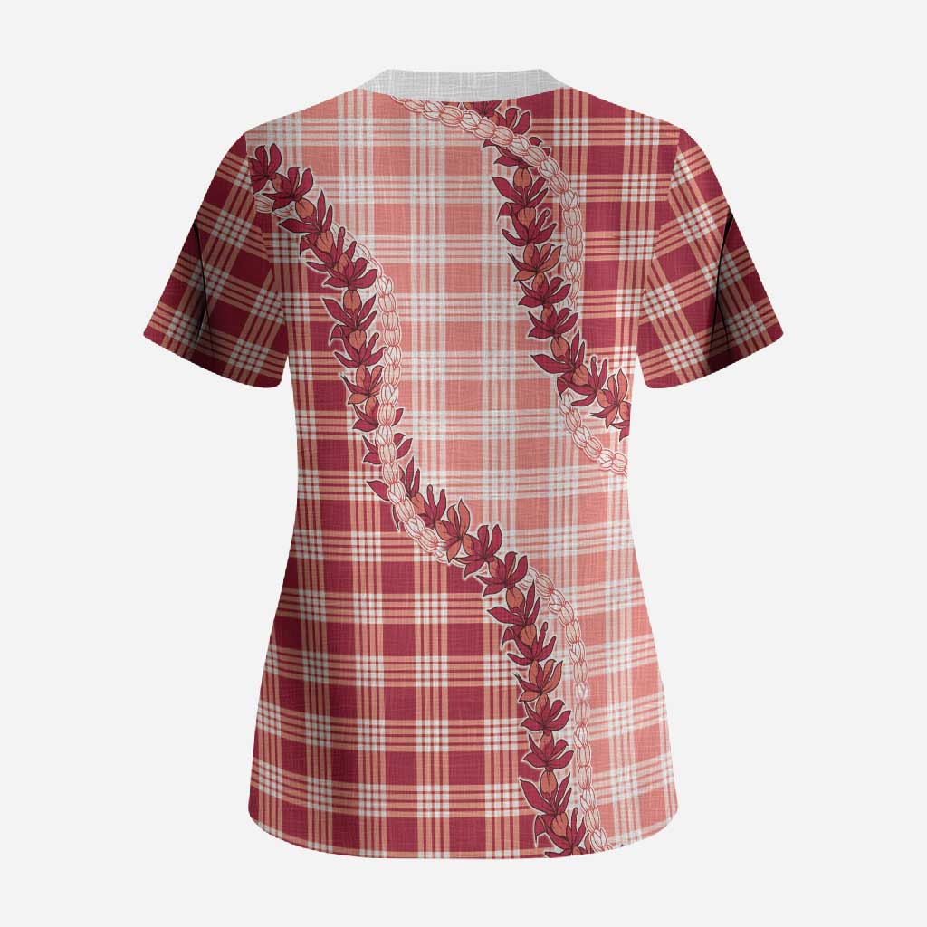 Red Hawaii Palaka Scrub Top Hawaiian Pikake Lei LT05 - Polynesian Pride