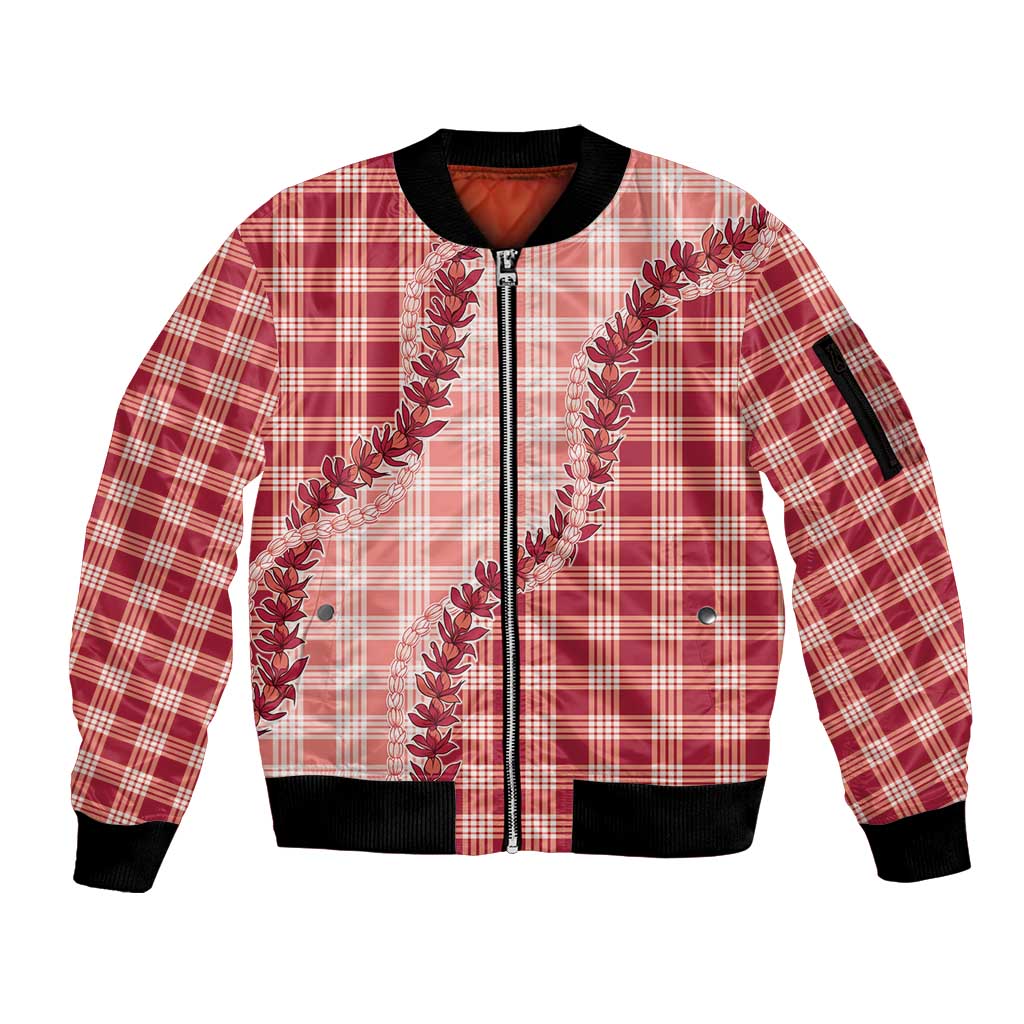 Red Hawaii Palaka Sleeve Zip Bomber Jacket Hawaiian Pikake Lei LT05 Unisex Red - Polynesian Pride