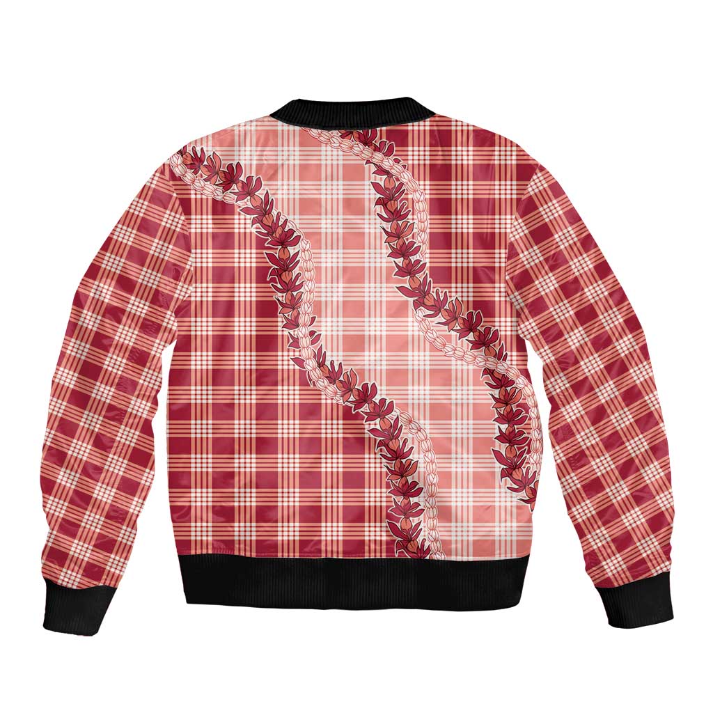 Red Hawaii Palaka Sleeve Zip Bomber Jacket Hawaiian Pikake Lei LT05 - Polynesian Pride
