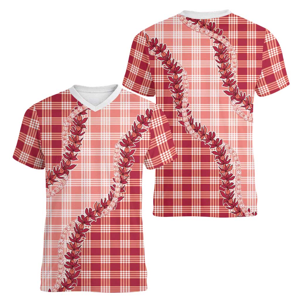 Red Hawaii Palaka Women V-Neck T-Shirt Hawaiian Pikake Lei LT05 - Polynesian Pride