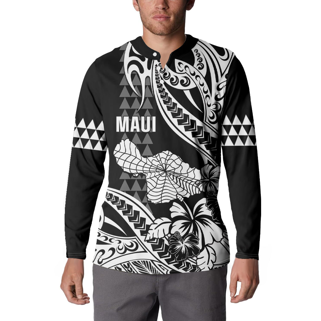 Hawaii Maui Upena Kiloi Button Sweatshirt Kakau Tribal Pattern Black Version LT05 - Polynesian Pride
