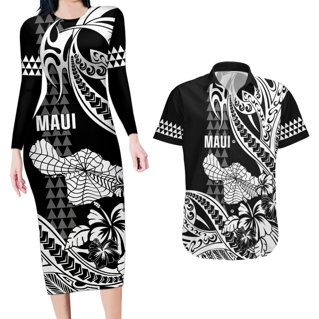 Hawaii Maui Upena Kiloi Couples Matching Long Sleeve Bodycon Dress and Hawaiian Shirt Kakau Tribal Pattern Black Version LT05 Black - Polynesian Pride