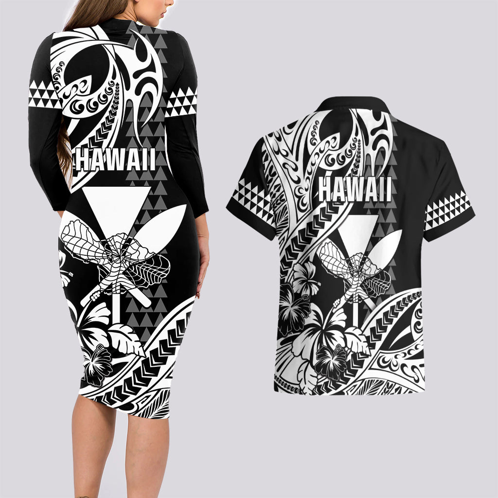Hawaii Maui Upena Kiloi Couples Matching Long Sleeve Bodycon Dress and Hawaiian Shirt Kakau Tribal Pattern Black Version LT05 - Polynesian Pride