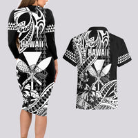 Hawaii Maui Upena Kiloi Couples Matching Long Sleeve Bodycon Dress and Hawaiian Shirt Kakau Tribal Pattern Black Version LT05 - Polynesian Pride