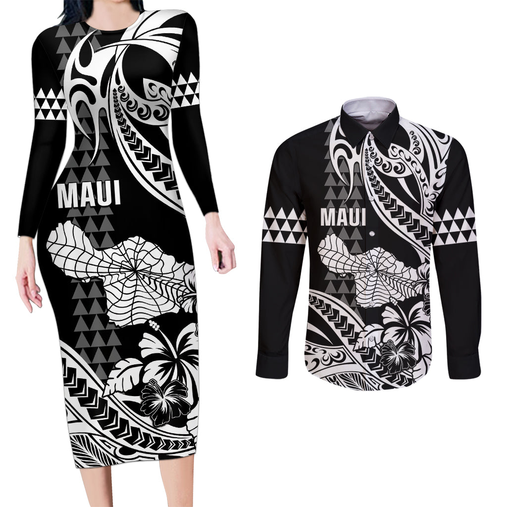 Hawaii Maui Upena Kiloi Couples Matching Long Sleeve Bodycon Dress and Long Sleeve Button Shirt Kakau Tribal Pattern Black Version LT05 Black - Polynesian Pride