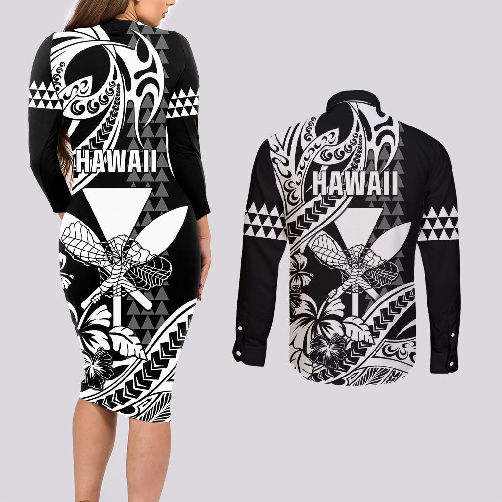 Hawaii Maui Upena Kiloi Couples Matching Long Sleeve Bodycon Dress and Long Sleeve Button Shirt Kakau Tribal Pattern Black Version LT05 - Polynesian Pride