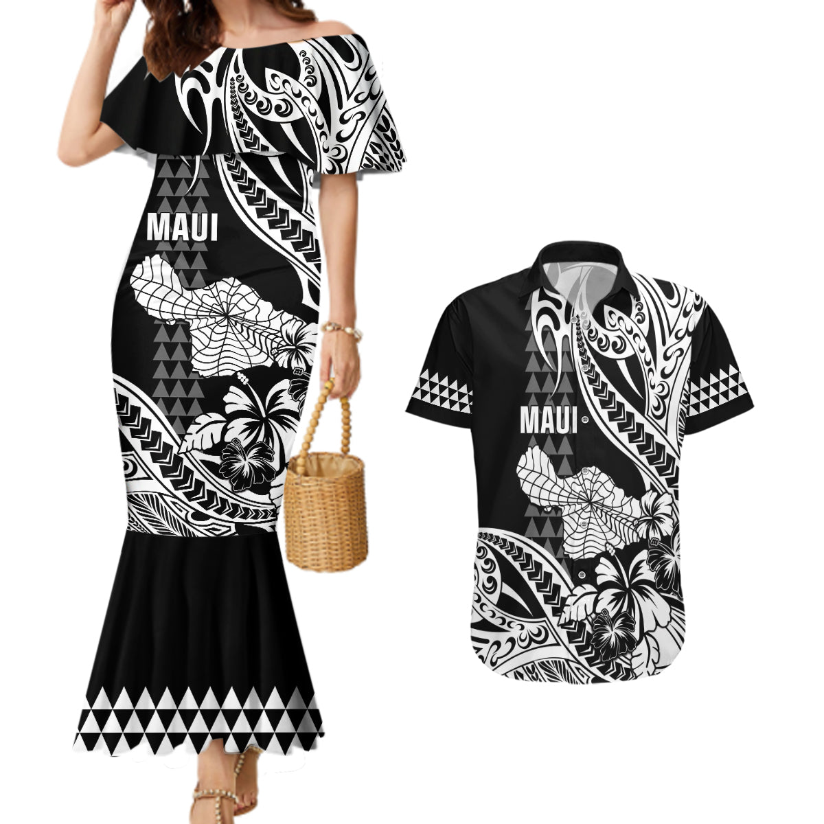 Hawaii Maui Upena Kiloi Couples Matching Mermaid Dress and Hawaiian Shirt Kakau Tribal Pattern Black Version