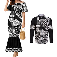 Hawaii Maui Upena Kiloi Couples Matching Mermaid Dress and Long Sleeve Button Shirt Kakau Tribal Pattern Black Version LT05 Black - Polynesian Pride