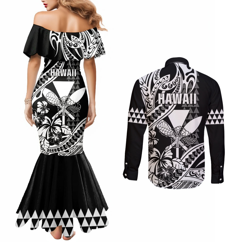 Hawaii Maui Upena Kiloi Couples Matching Mermaid Dress and Long Sleeve Button Shirt Kakau Tribal Pattern Black Version LT05 - Polynesian Pride