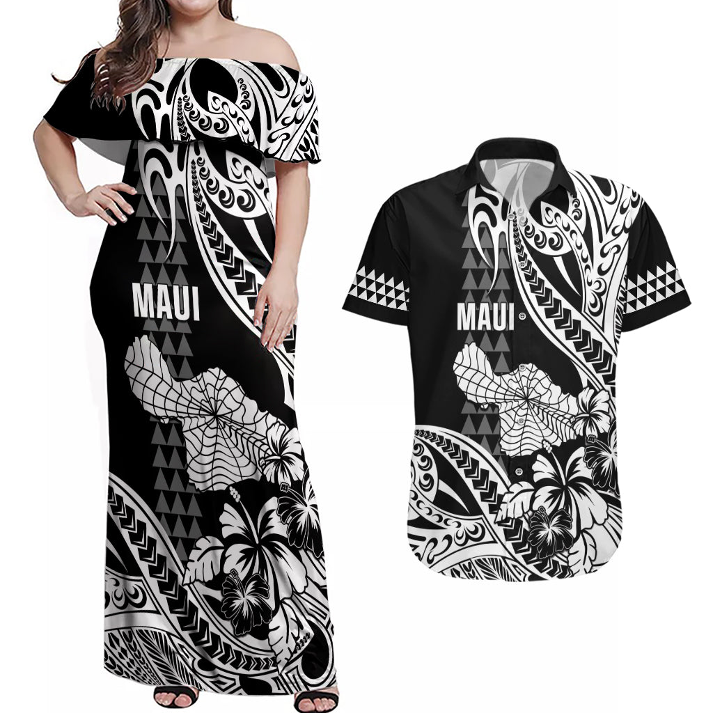 Hawaii Maui Upena Kiloi Couples Matching Off Shoulder Maxi Dress and Hawaiian Shirt Kakau Tribal Pattern Black Version