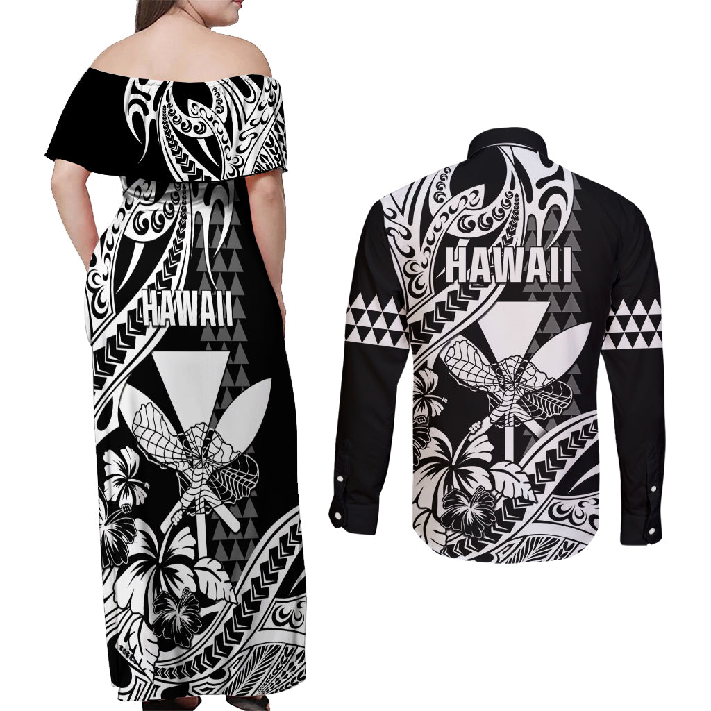 Hawaii Maui Upena Kiloi Couples Matching Off Shoulder Maxi Dress and Long Sleeve Button Shirt Kakau Tribal Pattern Black Version LT05 - Polynesian Pride