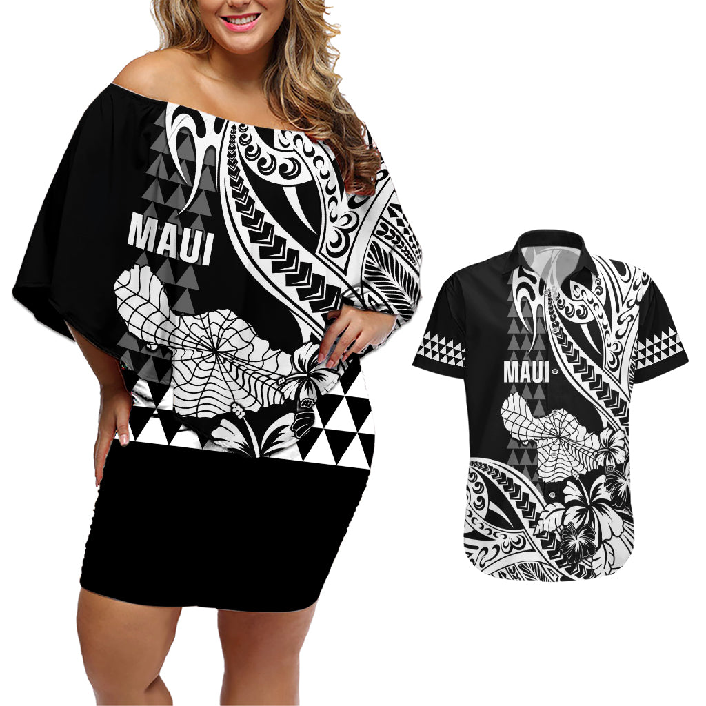 Hawaii Maui Upena Kiloi Couples Matching Off Shoulder Short Dress and Hawaiian Shirt Kakau Tribal Pattern Black Version LT05 Black - Polynesian Pride