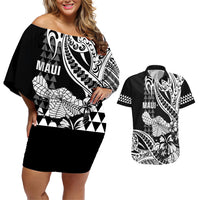 Hawaii Maui Upena Kiloi Couples Matching Off Shoulder Short Dress and Hawaiian Shirt Kakau Tribal Pattern Black Version LT05 Black - Polynesian Pride