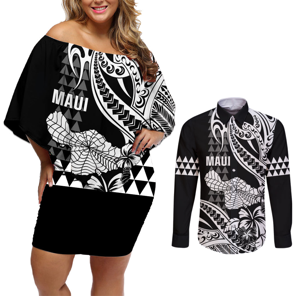Hawaii Maui Upena Kiloi Couples Matching Off Shoulder Short Dress and Long Sleeve Button Shirt Kakau Tribal Pattern Black Version LT05 Black - Polynesian Pride