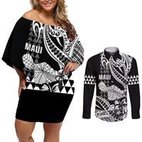 Hawaii Maui Upena Kiloi Couples Matching Off Shoulder Short Dress and Long Sleeve Button Shirt Kakau Tribal Pattern Black Version LT05 Black - Polynesian Pride
