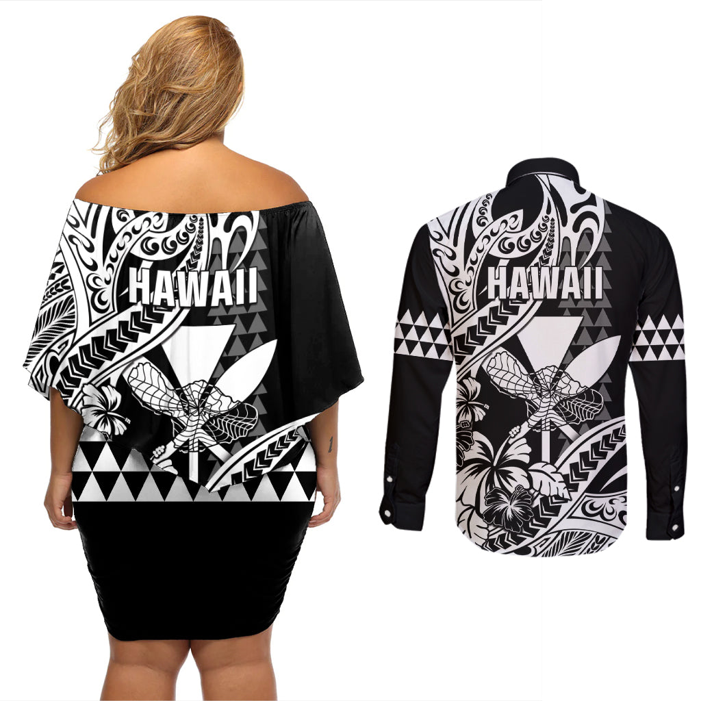 Hawaii Maui Upena Kiloi Couples Matching Off Shoulder Short Dress and Long Sleeve Button Shirt Kakau Tribal Pattern Black Version LT05 - Polynesian Pride