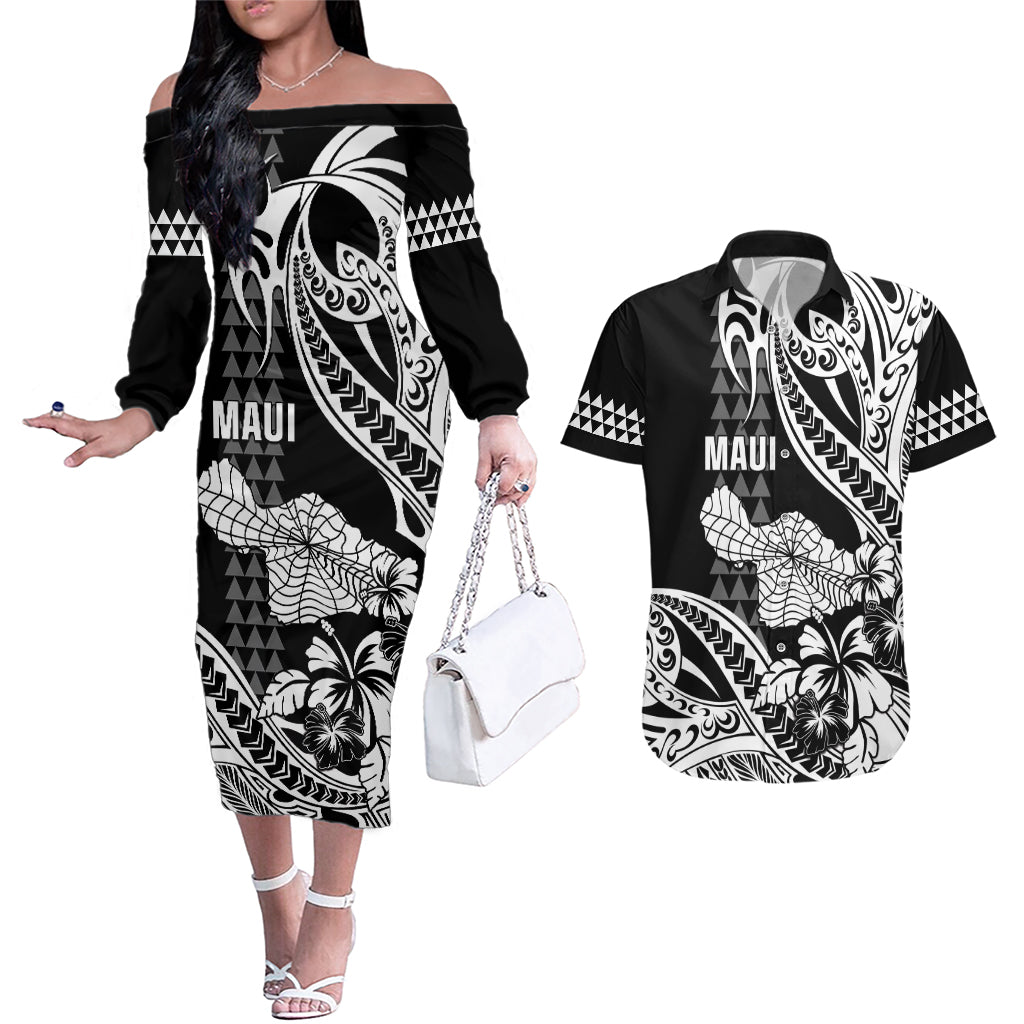 Hawaii Maui Upena Kiloi Couples Matching Off The Shoulder Long Sleeve Dress and Hawaiian Shirt Kakau Tribal Pattern Black Version LT05 Black - Polynesian Pride
