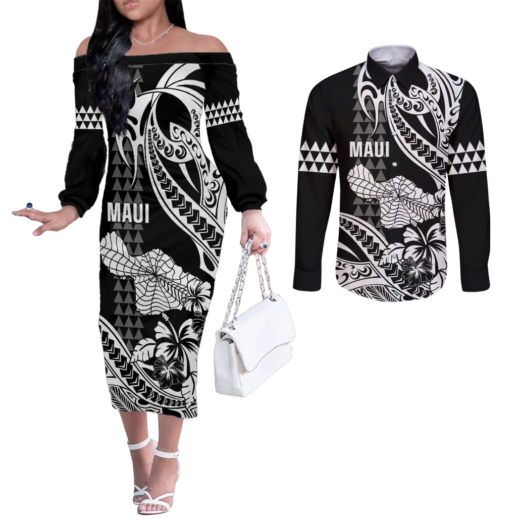 Hawaii Maui Upena Kiloi Couples Matching Off The Shoulder Long Sleeve Dress and Long Sleeve Button Shirt Kakau Tribal Pattern Black Version LT05 Black - Polynesian Pride
