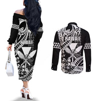 Hawaii Maui Upena Kiloi Couples Matching Off The Shoulder Long Sleeve Dress and Long Sleeve Button Shirt Kakau Tribal Pattern Black Version LT05 - Polynesian Pride