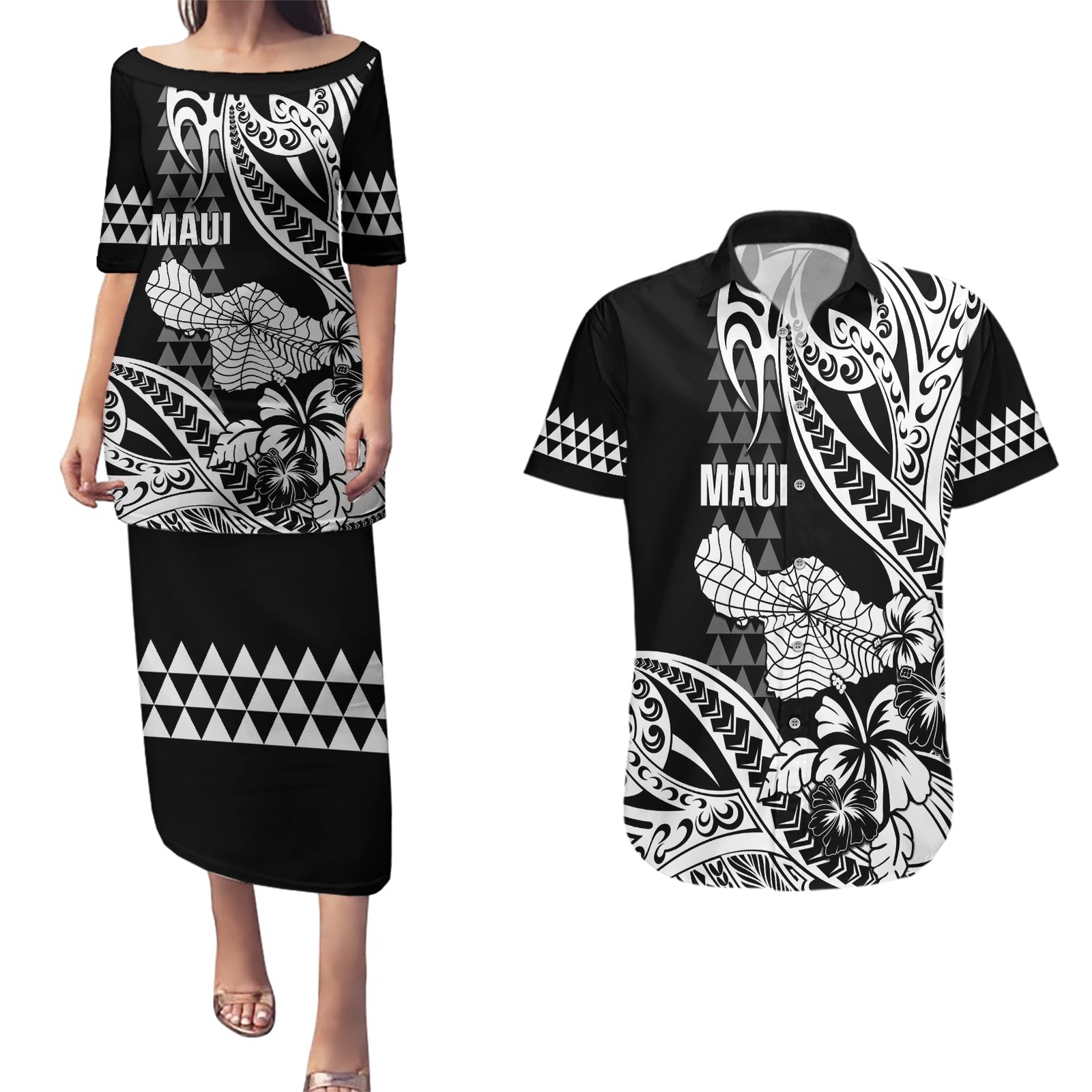 Hawaii Maui Upena Kiloi Couples Matching Puletasi and Hawaiian Shirt Kakau Tribal Pattern Black Version LT05 Black - Polynesian Pride