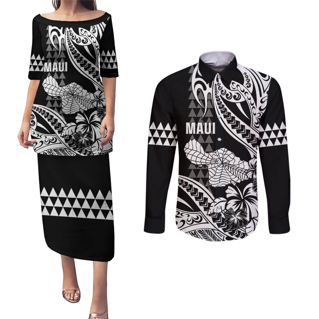 Hawaii Maui Upena Kiloi Couples Matching Puletasi and Long Sleeve Button Shirt Kakau Tribal Pattern Black Version LT05 Black - Polynesian Pride