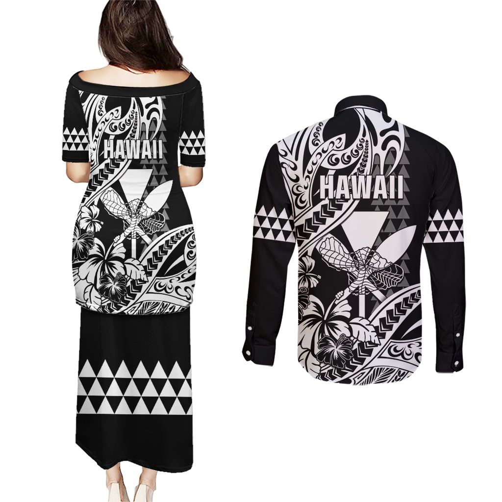 Hawaii Maui Upena Kiloi Couples Matching Puletasi and Long Sleeve Button Shirt Kakau Tribal Pattern Black Version LT05 - Polynesian Pride