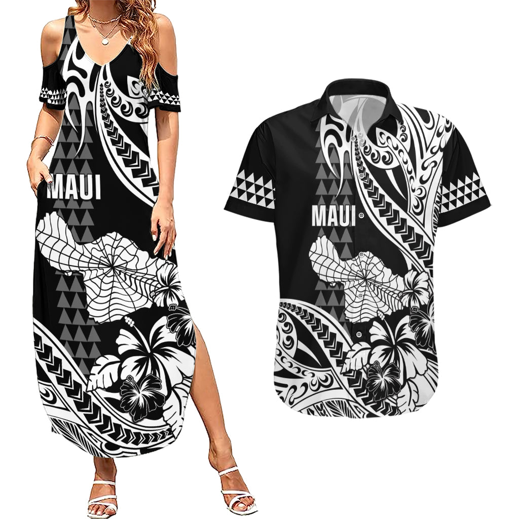 Hawaii Maui Upena Kiloi Couples Matching Summer Maxi Dress and Hawaiian Shirt Kakau Tribal Pattern Black Version LT05 Black - Polynesian Pride