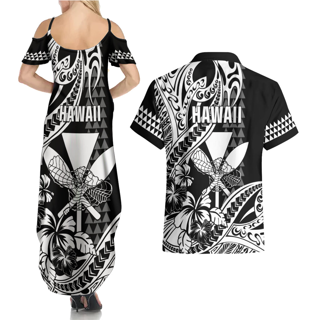 Hawaii Maui Upena Kiloi Couples Matching Summer Maxi Dress and Hawaiian Shirt Kakau Tribal Pattern Black Version LT05 - Polynesian Pride