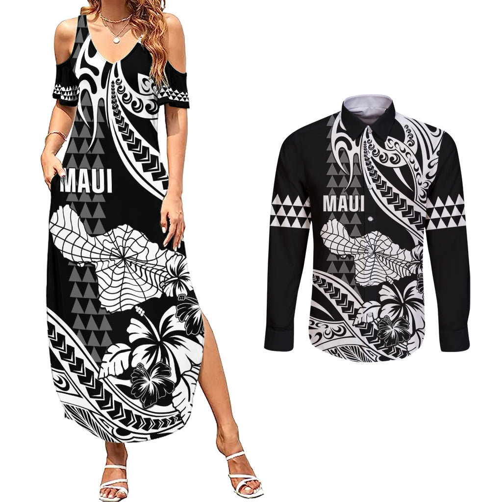 Hawaii Maui Upena Kiloi Couples Matching Summer Maxi Dress and Long Sleeve Button Shirt Kakau Tribal Pattern Black Version LT05 Black - Polynesian Pride