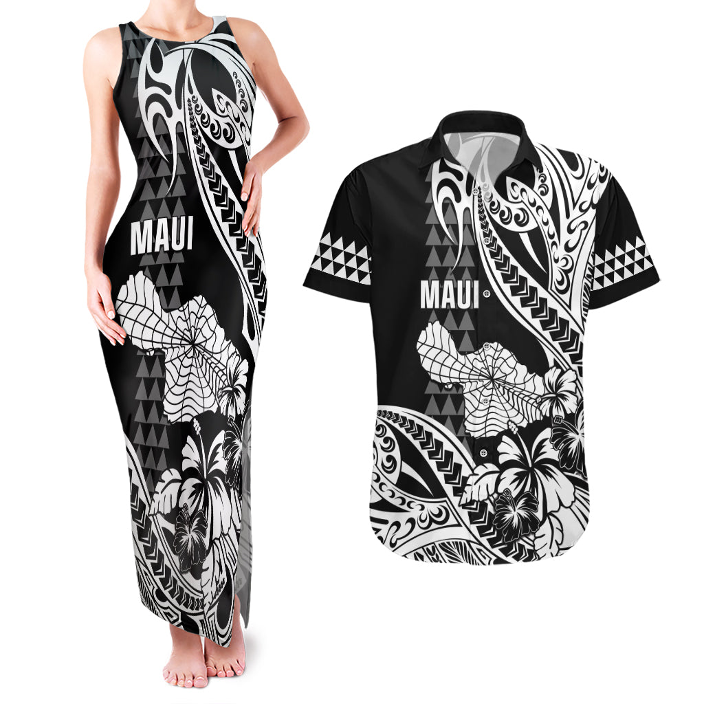 Hawaii Maui Upena Kiloi Couples Matching Tank Maxi Dress and Hawaiian Shirt Kakau Tribal Pattern Black Version LT05 Black - Polynesian Pride