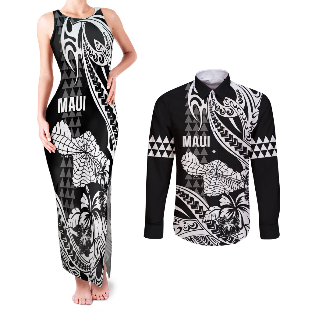 Hawaii Maui Upena Kiloi Couples Matching Tank Maxi Dress and Long Sleeve Button Shirt Kakau Tribal Pattern Black Version LT05 Black - Polynesian Pride