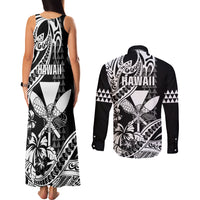 Hawaii Maui Upena Kiloi Couples Matching Tank Maxi Dress and Long Sleeve Button Shirt Kakau Tribal Pattern Black Version LT05 - Polynesian Pride