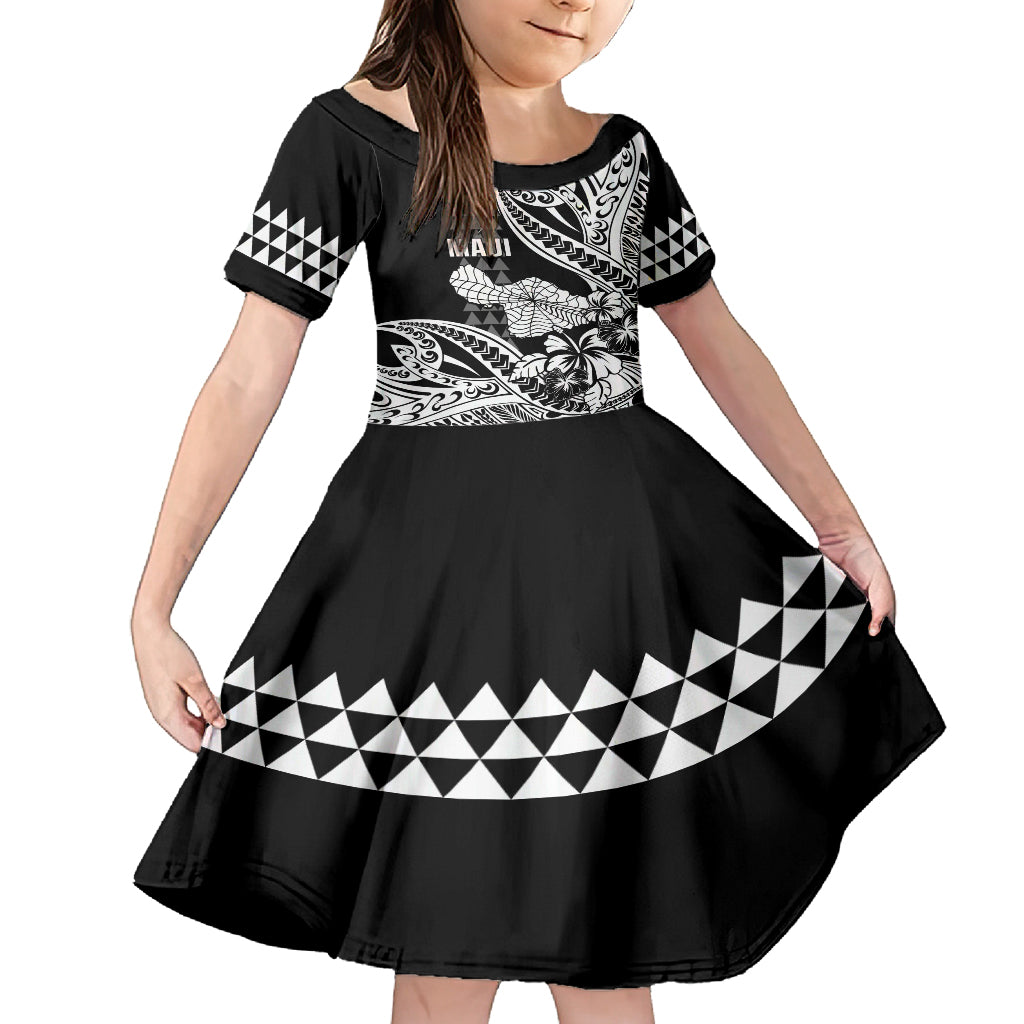 Hawaii Maui Upena Kiloi Family Matching Long Sleeve Bodycon Dress and Hawaiian Shirt Kakau Tribal Pattern Black Version
