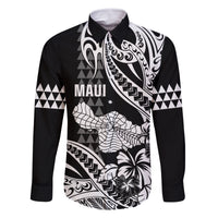 Hawaii Maui Upena Kiloi Family Matching Off The Shoulder Long Sleeve Dress and Hawaiian Shirt Kakau Tribal Pattern Black Version LT05 Dad's Shirt - Long Sleeve Black - Polynesian Pride