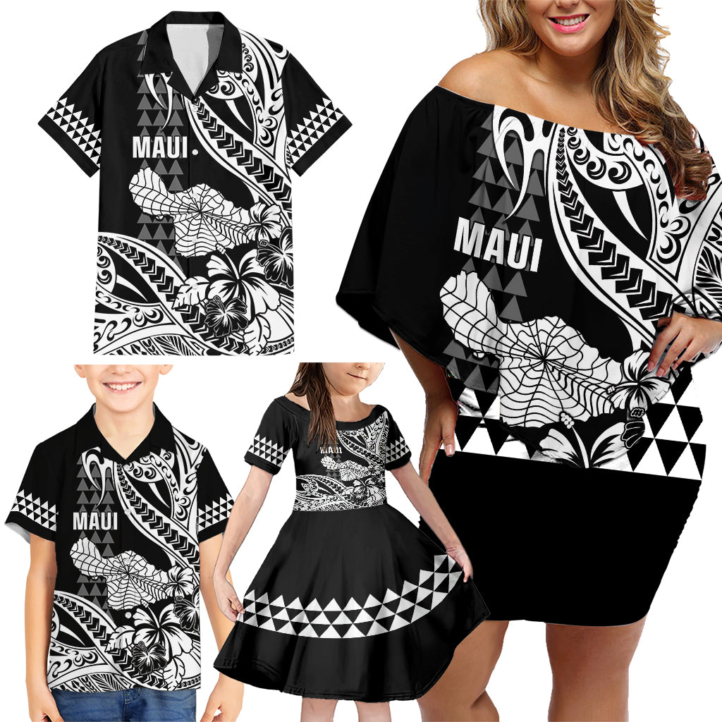 Hawaii Maui Upena Kiloi Family Matching Off Shoulder Short Dress and Hawaiian Shirt Kakau Tribal Pattern Black Version